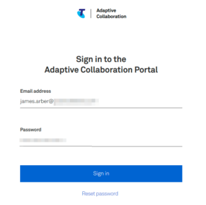 A screenshot of the Telstra Adaptive Colab portal login screen, filled in with a username and password