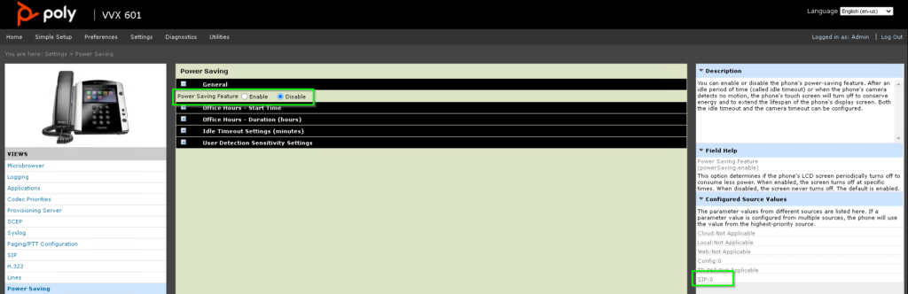 VVX Configuration Page showing Power Saving feature disabled with a configured source of SIP